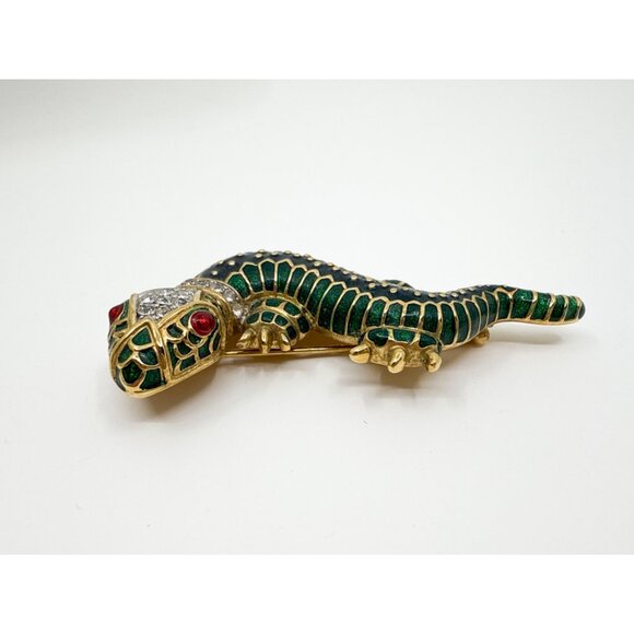 Vintage Kenneth Jay Lane KJL Gold-Plated Green Enamel & Rhinestone Lizard Brooch - Picture 3 of 7